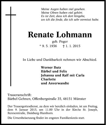 Traueranzeige von Renate Lohmann von Tageszeitung