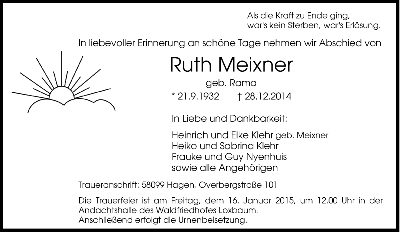  Traueranzeige für Ruth Meixner vom 10.01.2015 aus Tageszeitung