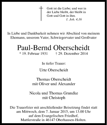 Traueranzeige von Paul-Bernd Oberscheidt von Tageszeitung