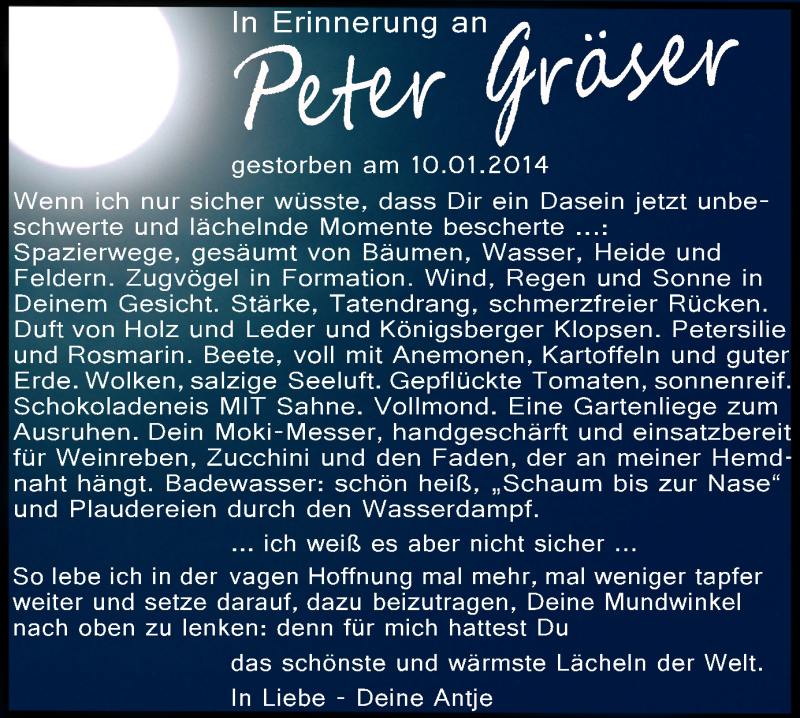  Traueranzeige für Peter Gräser vom 10.01.2015 aus Tageszeitung