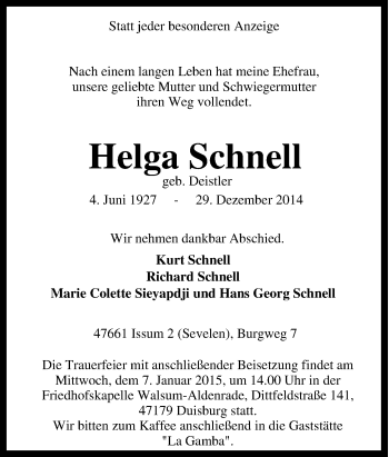 Traueranzeige von Helga Schnell von Tageszeitung
