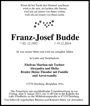 Traueranzeige von Franz-Josef Budde von Tageszeitung