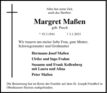 Traueranzeige von Margret Maßen von Tageszeitung