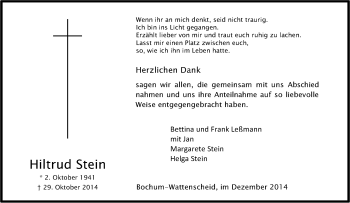Traueranzeige von Hiltrud Stein von Tageszeitung