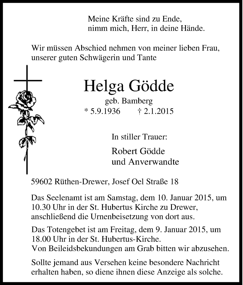  Traueranzeige für Helga Gödde vom 06.01.2015 aus Tageszeitung