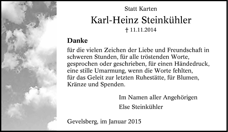  Traueranzeige für Karl-Heinz Steinkühler vom 07.01.2015 aus Tageszeitung