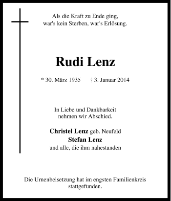 Traueranzeige von Rudi Lenz von Tageszeitung