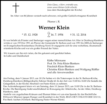 Traueranzeige von Werner Klein von Tageszeitung