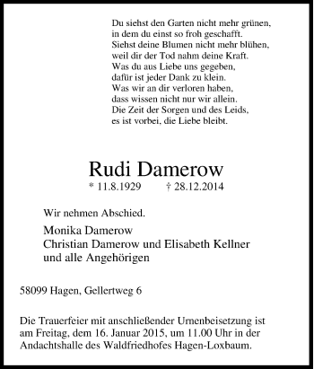 Traueranzeige von Rudi Damerow von Tageszeitung