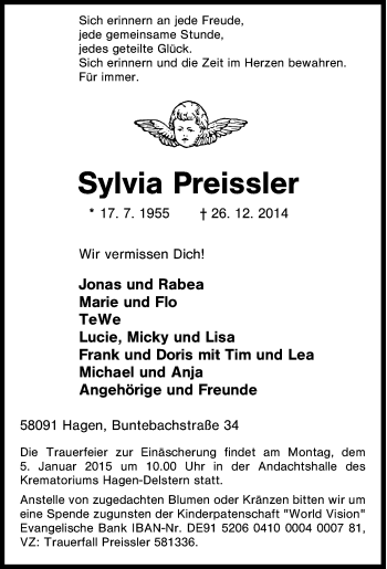 Traueranzeige von Sylvia Preissler von Tageszeitung