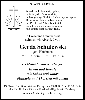 Traueranzeige von Gerda Schulewski von Tageszeitung