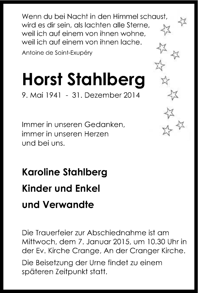  Traueranzeige für Horst Stahlberg vom 05.01.2015 aus Tageszeitung