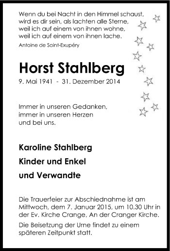 Traueranzeige von Horst Stahlberg von Tageszeitung