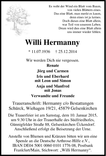 Traueranzeige von Willi Hermanny von Tageszeitung