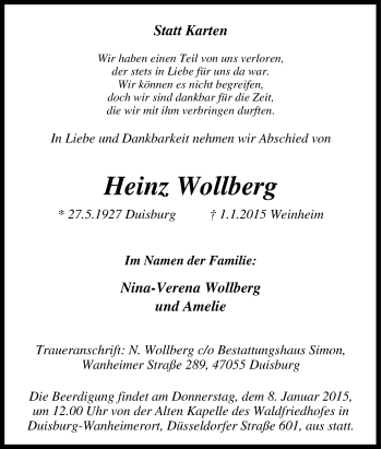 Traueranzeige von Heinz Wollberg von Tageszeitung