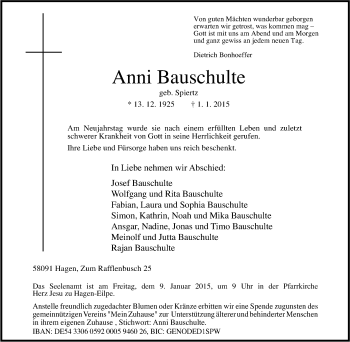 Traueranzeige von Anni Bauschulte von Tageszeitung