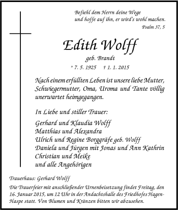 Traueranzeige von Edith Wolff von Tageszeitung