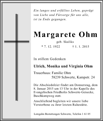 Traueranzeige von Margarete Ohm von Tageszeitung
