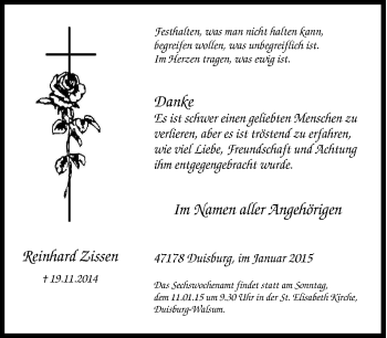 Traueranzeige von Reinhard Zissen von Tageszeitung