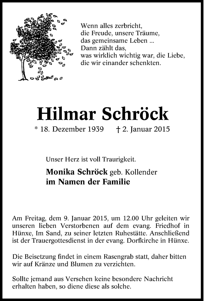  Traueranzeige für Hilmar Schröck vom 06.01.2015 aus Tageszeitung