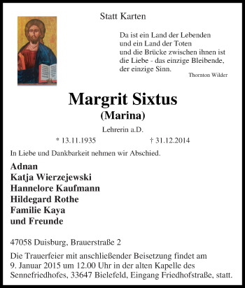 Traueranzeige von Margrit Sixtus von Tageszeitung