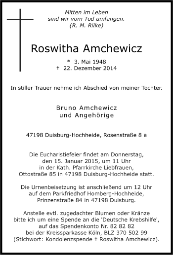 Traueranzeige von Roswitha Amchewicz von Tageszeitung