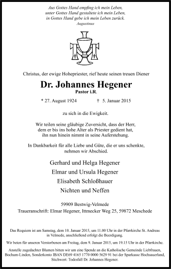 Traueranzeige von Johannes Hegener von Tageszeitung