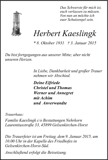 Traueranzeige von Herbert Kaeslingk von Tageszeitung