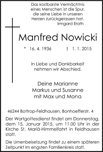 Traueranzeige von Manfred Nowicki von Tageszeitung