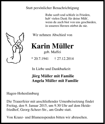 Traueranzeige von Karin Müller von Tageszeitung