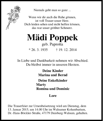 Traueranzeige von Mädi Poppek von Tageszeitung