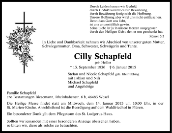 Traueranzeige von Cilly Schapfeld von Tageszeitung