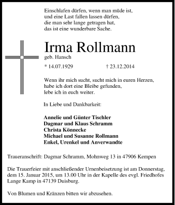 Traueranzeige von Irma Rollmann von Tageszeitung