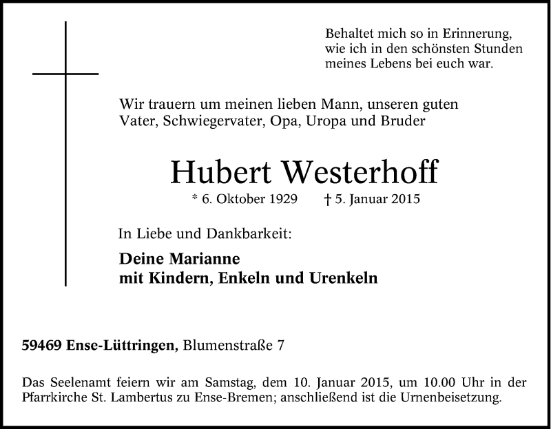 Traueranzeige für Hubert Westerhoff vom 07.01.2015 aus Tageszeitung