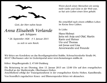 Traueranzeige von Anna Elisabeth Verlande von Tageszeitung