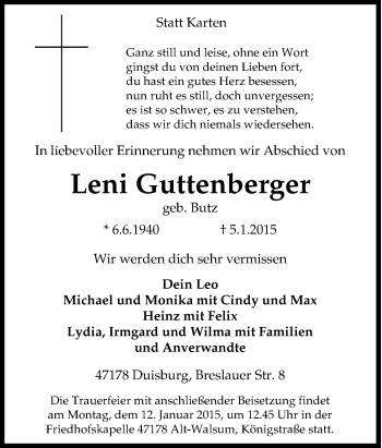 Traueranzeige von Leni Guttenberger von Tageszeitung