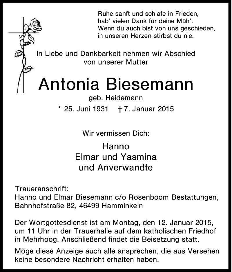  Traueranzeige für Antonia Biesemann vom 09.01.2015 aus Tageszeitung
