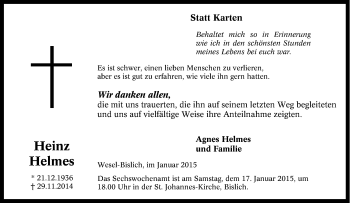 Traueranzeige von Heinz Helmes von Tageszeitung