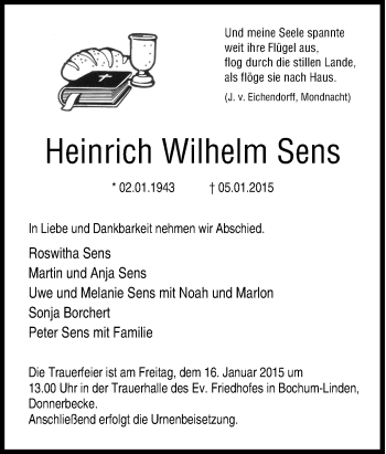 Traueranzeige von Heinrich Wilhelm Sens von Tageszeitung