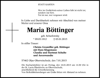 Traueranzeige von Maria Böttinger von Tageszeitung