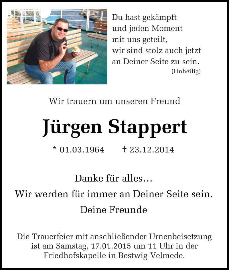  Traueranzeige für Jürgen Stappert vom 10.01.2015 aus Tageszeitung