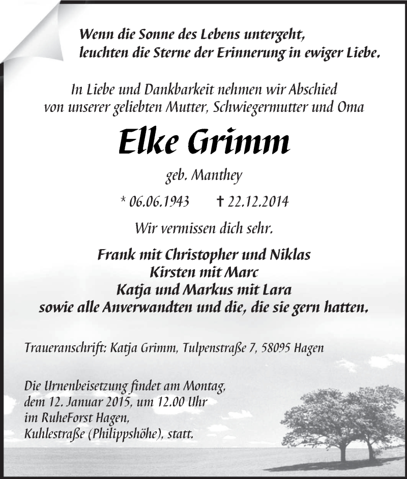  Traueranzeige für Elke Grimm vom 10.01.2015 aus Tageszeitung