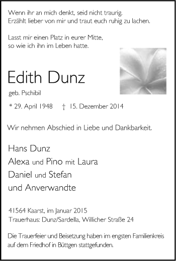 Traueranzeige von Edith Dunz von Tageszeitung
