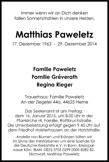 Traueranzeige von Matthias Paweletz von Tageszeitung