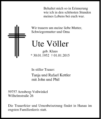 Traueranzeige von Ute Völler von Tageszeitung
