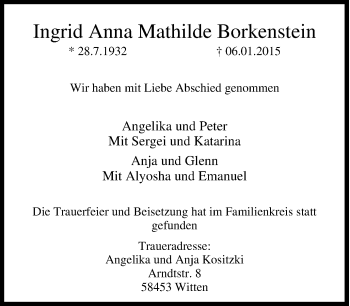 Traueranzeige von Ingrid Anna Mathilde  Borkenstein von Tageszeitung