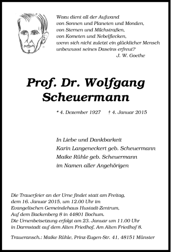 Traueranzeige von Wolfgang Scheuermann von Tageszeitung