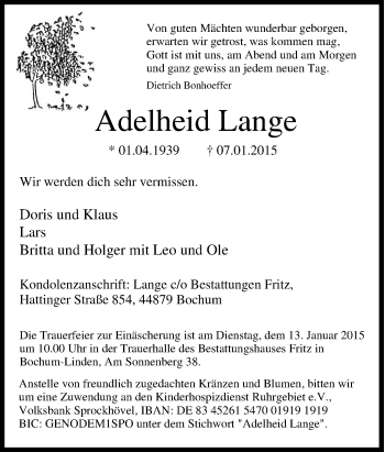 Traueranzeige von Adelheid Lange von Tageszeitung