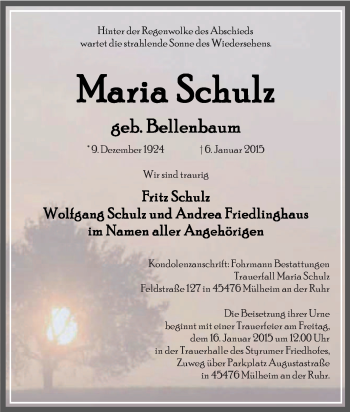 Traueranzeige von Maria Schulz von Tageszeitung