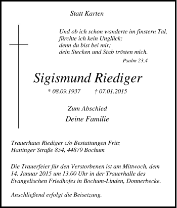 Traueranzeige von Sigismund Riediger von Tageszeitung